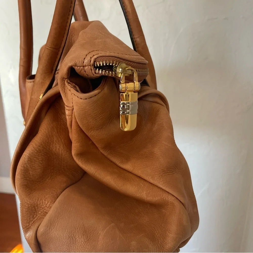 B Makowsky Tan Leather Shoulder Bag Satchel with Gold Accents